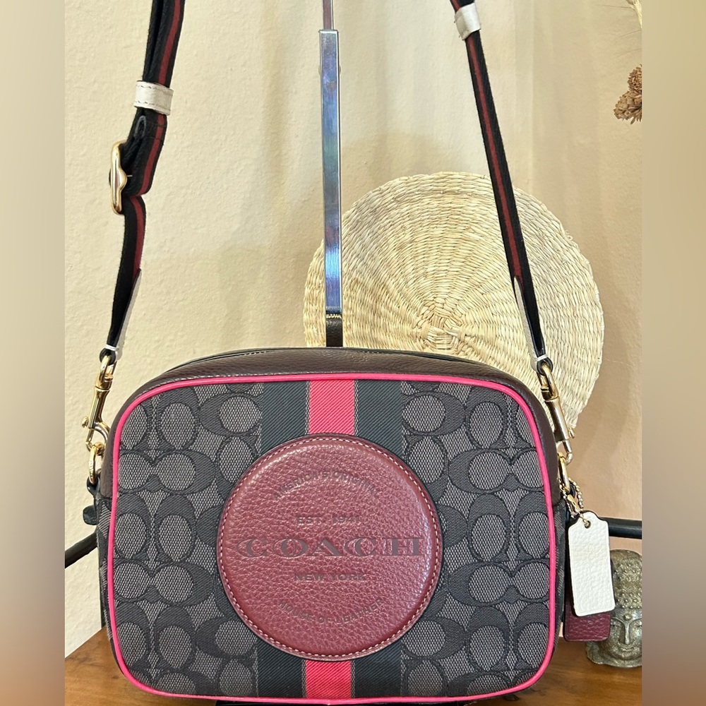 COACH Dempsey Camera Bag in Signature C Jacquard Canvas and Pebble Leather